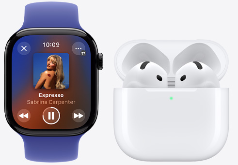 Ecrã do Apple Watch Series 10 com uma música junto aos AirPods 4.