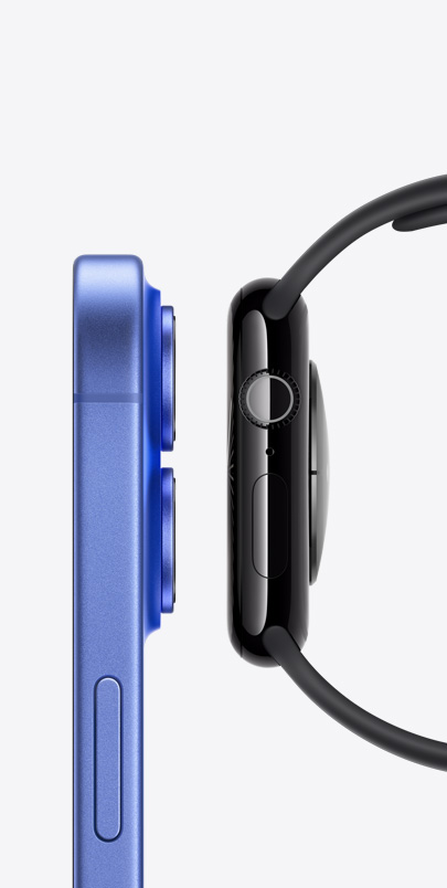 Un iPhone 16 al lado de un Apple Watch Series 10, ambos de perfil. Pulsa el botón «+» para obtener más información sobre las prestaciones del Apple Watch y el iPhone.