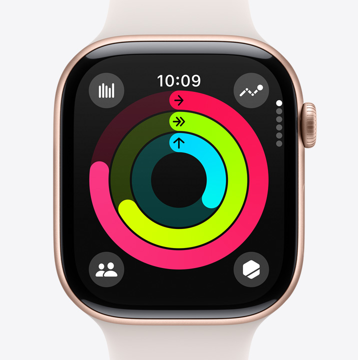 La app Actividad en la pantalla de un Apple Watch Series 10 mostrando el progreso en los anillos Movimiento, Ejercicio y De Pie.