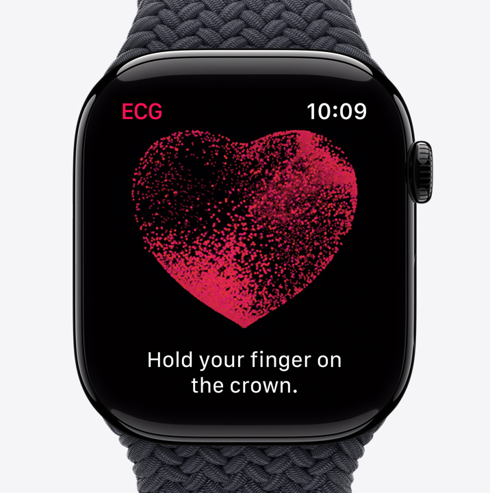 Ecrã do Apple Watch Series 10 com a app ECG a mostrar uma leitura e a contagem decrescente a 24 segundos.