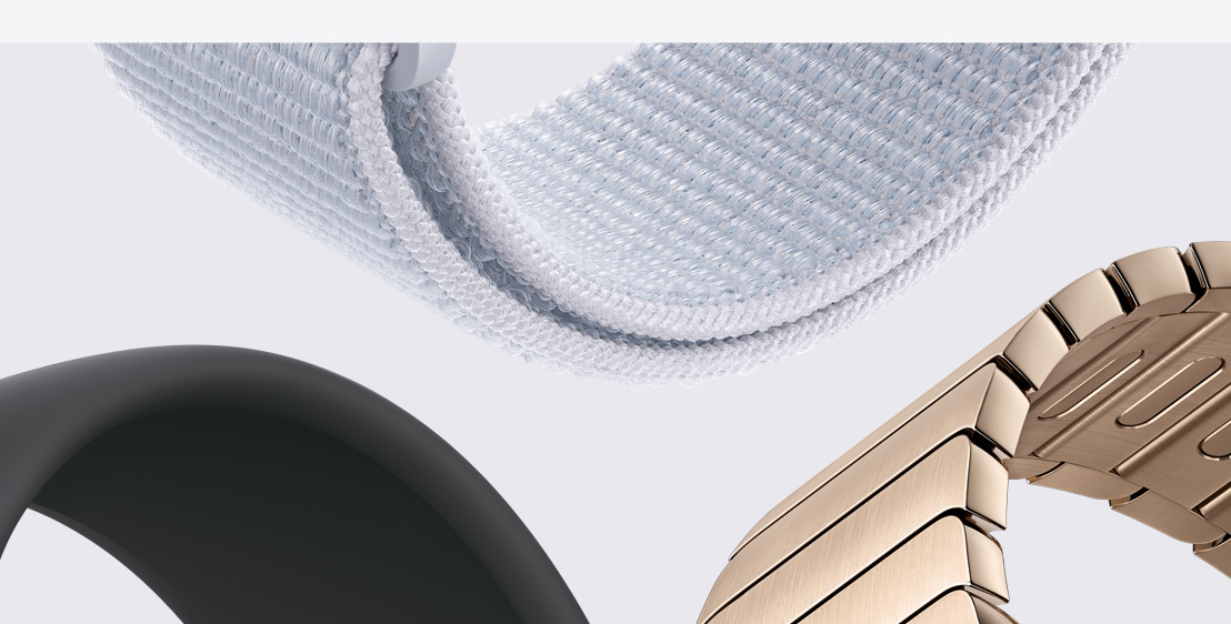 Três braceletes diferentes para Apple Watch: Bracelete Solo entrançada na cor raio de sol, Bracelete desportiva azul-clara e Bracelete de elos magnética castanho‑toupeira.