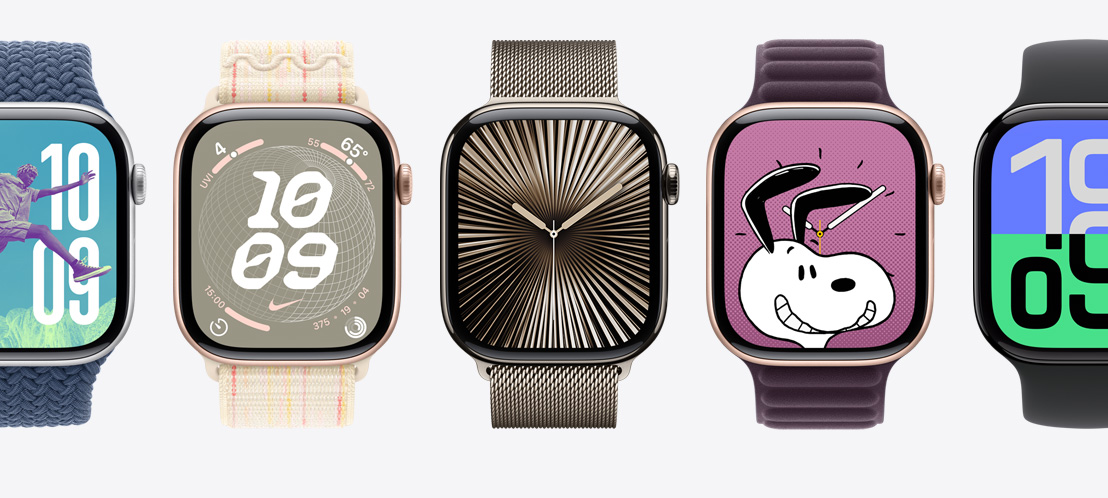 Fem Apple Watch-skjermer, med henholdvis Bilder-urskiven, Nike Globe-urskiven, Refleksjoner-urskiven og Flux-urskiven.