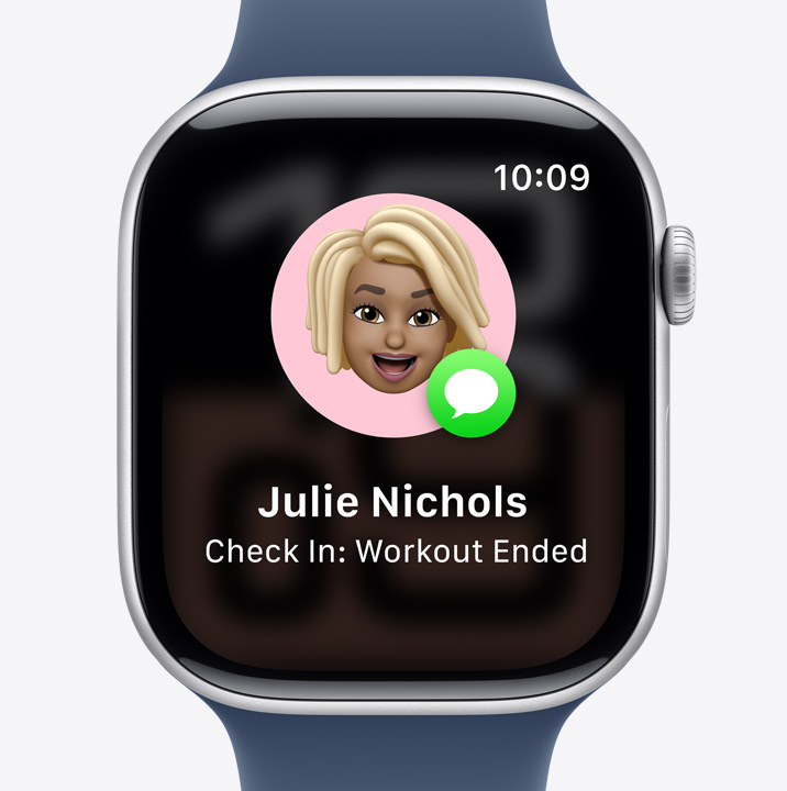 Ecrã do Apple Watch com a Verificação a mostrar que uma pessoa amiga terminou o treino.