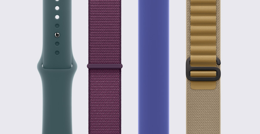 Quatro braceletes para Apple Watch diferentes, colocadas lado a lado na vertical.