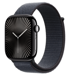 Apple Watch Series 10 com caixa em alumínio preto brilhante e Loop desportiva tinto.