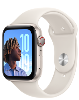 Apple Watch SE with a Starlight aluminum case and Starlight (white) Sport Band.>