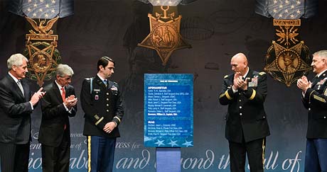 From left to right, Secretary of Defense Chuck Hagel, Secretary of the Army John McHugh, former U.S. Army Capt. William D. Swenson, Chief of Staff of the Army Gen. Raymond T. Odierno, and Sgt. Maj. of the Army Raymond F. Chandler III unveil the Hall of Heroes plaque during Swensons Hall of Heroes induction ceremony at the Pentagon, in Washington, Oct. 16, 2013. (U.S. Army photo by Sgt. Garry McFadden/Released)