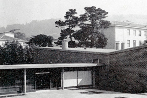 Brick building with patio area