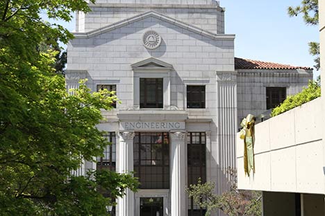 Facade of stone building with words 'Engineering' carved into the portico supported with two large columns.