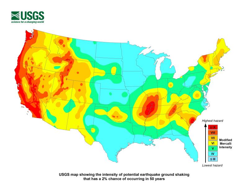 U.S. Potential of Earthquake Intensity with 2% Chance in 50 Years