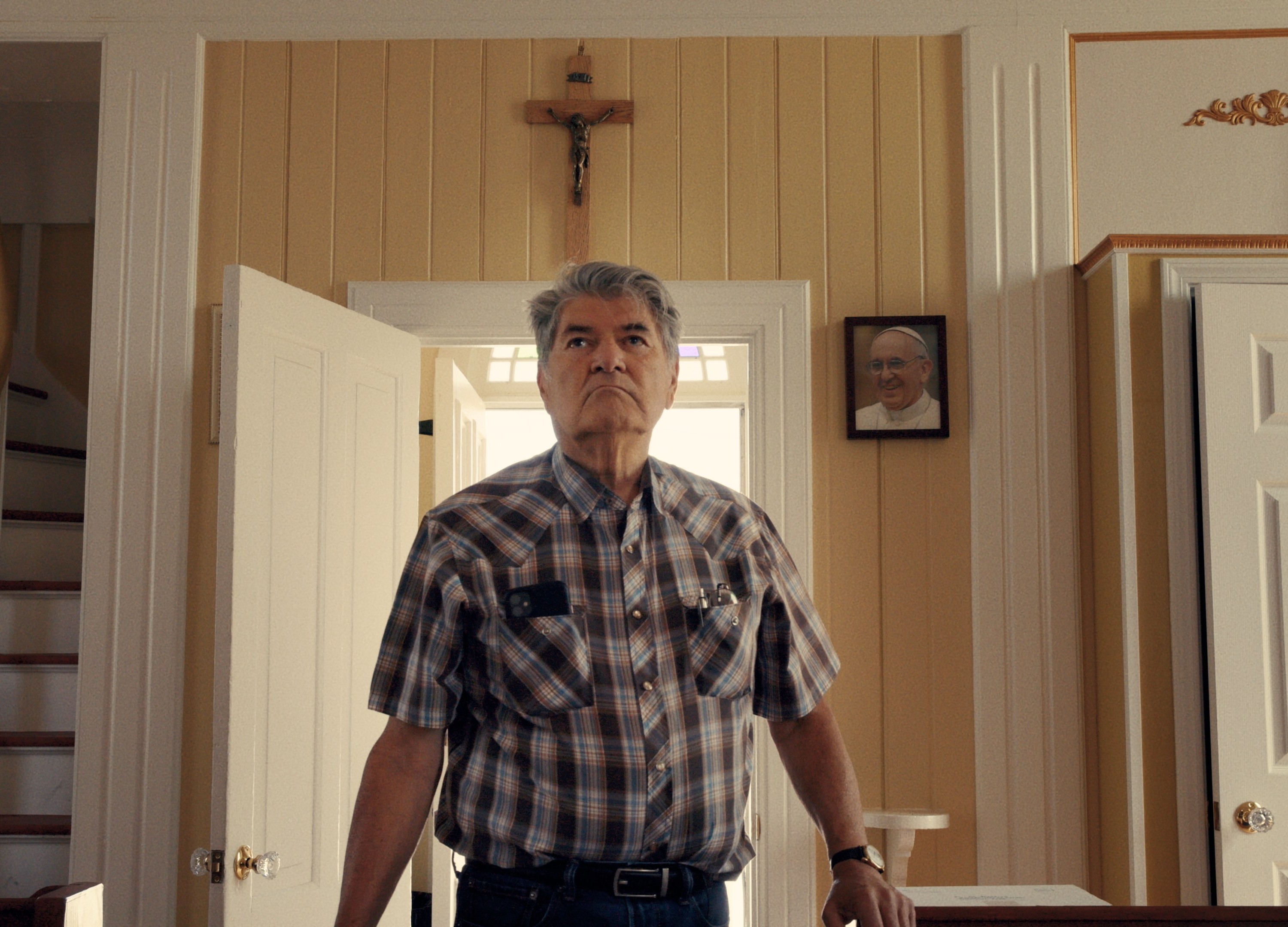 Rick Gilbert, former Chief of the Williams Lake First Nation, in the church on the Sugarcane Indian Reserve. (Credit: Christopher LaMarca/Sugarcane Film LLC)