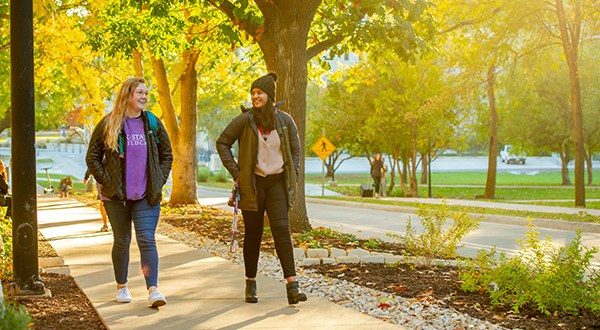 A pair of students walk forward on a sidewalk, golden sunlight poking through the deep green trees around them.