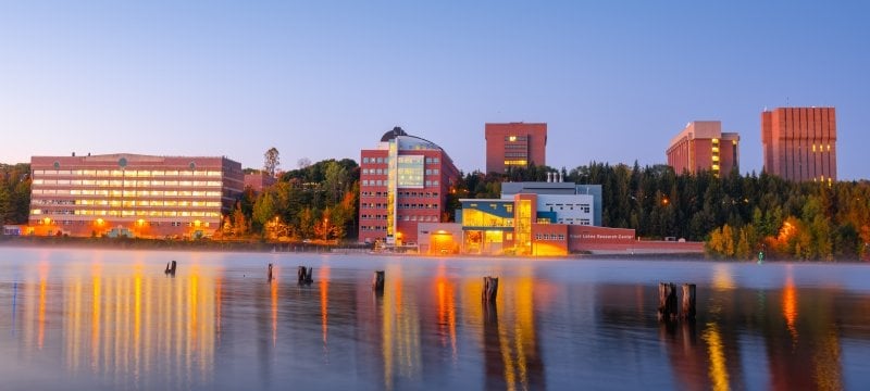 Campus vista with fog at dusk.