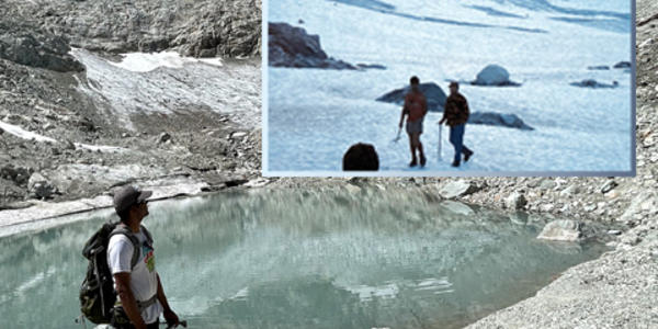 These images show the Ice Worm Glacier in the North Cascade mountains of Washington, U.S., which was under continuous annual monitoring from 1984 onward and disappeared in 2023. Large photo: The location of the former Ice Worm Glacier on August 13, 2023. Inset photo: Ice Worm Glacier on August 16, 1986. Photo Credit: Mauri Pelto. 
