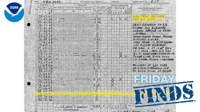 Paper monthly weather log for June 1969 from observer N.Y. Ave V, Brooklyn with June 28 and note “Max temp for date set on 6/28” highlighted. The high temperature was recorded as 94 degrees Fahrenheit for the day on June 28, 1969.