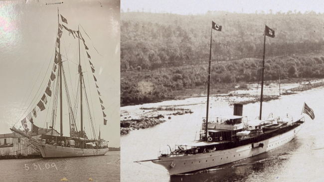 Left: The USC&GS Schooner Matchless "Fully Dressed" with all available flags to honor Memorial Day, 1909. The flags include the Union Jack flown from a staff in the bowsprit, USC&GS Service Flags, US Ensigns, signal flags and a long commissioning pennant at the head of the mainmast.; Right: Flags being flown aboard USC&GS Steamer Isis, 1916.  The flag on the mainmast is for the Secretary of Commerce, indicating that he was aboard the vessel.