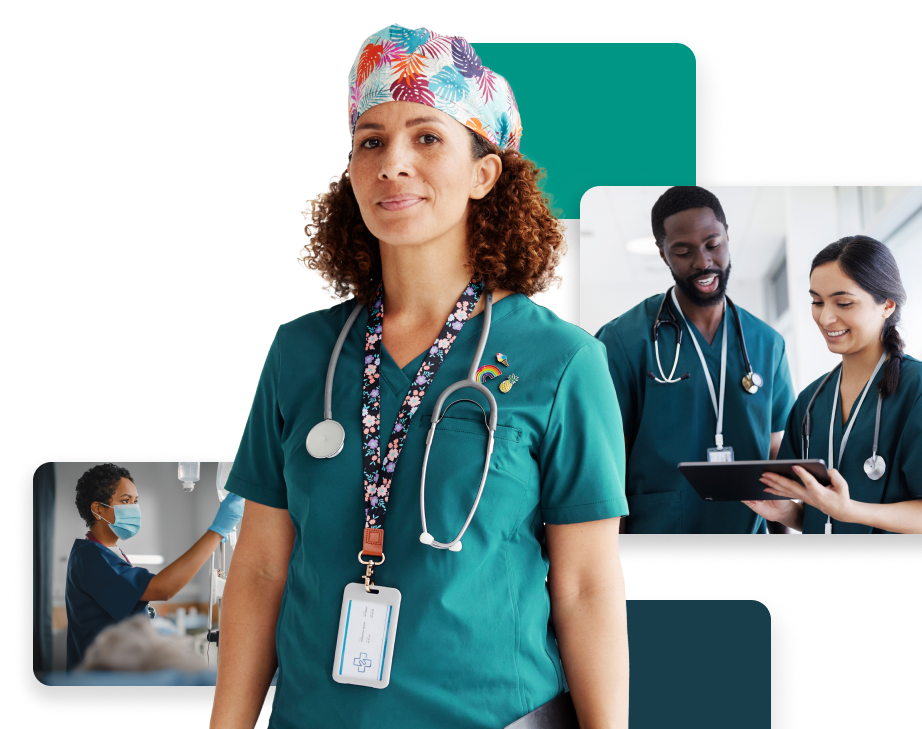 Diverse group of nurses in teal scrubs