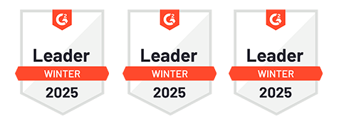 Three award badges, each shaped like a shield with the "G2" logo at the top, and a red banner across the middle stating "Leader Fall 2024".