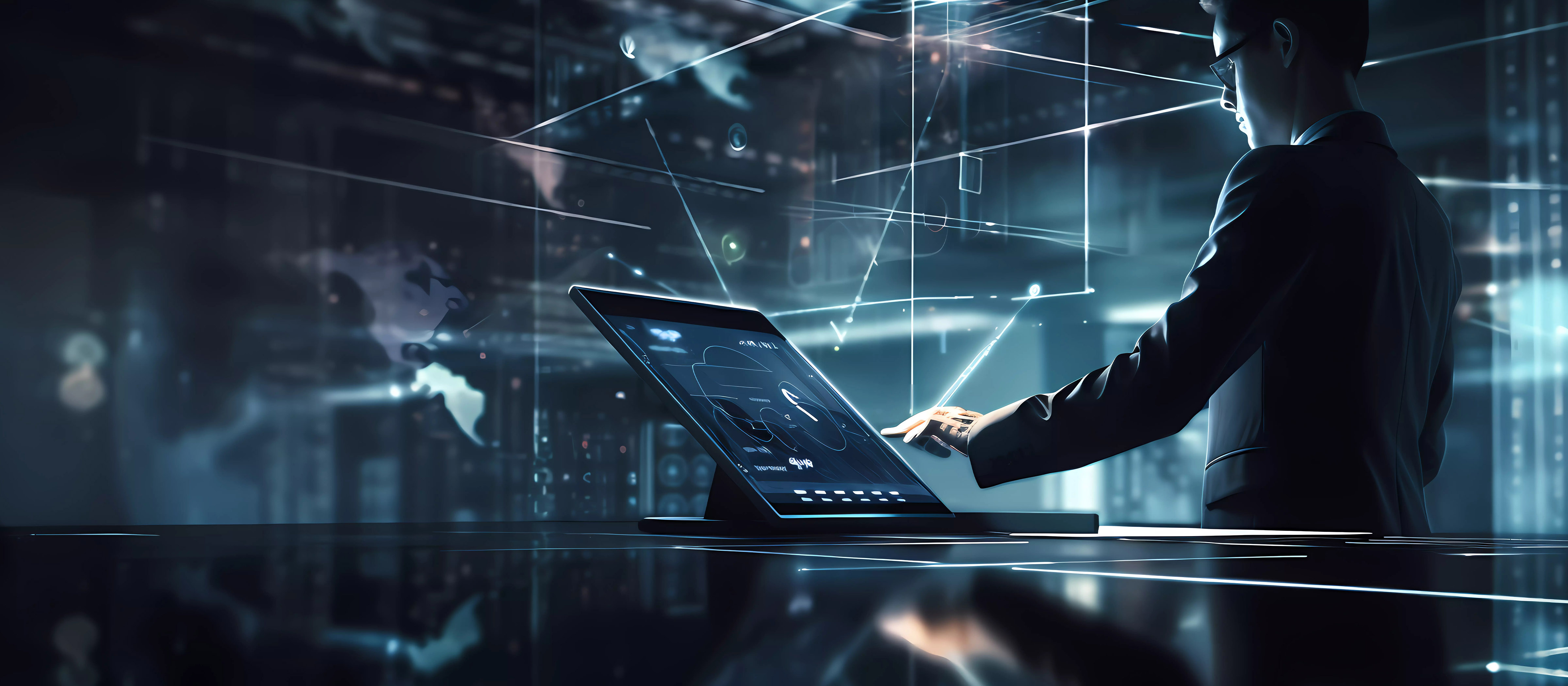 Man typing on laptop in a dark room lit by futuristic lights.