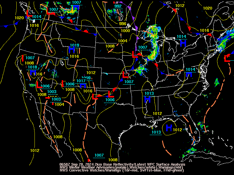 Latest WPC surface analysis, NWS Winter Weather Watches/Warnings/Advisories, and radar loop