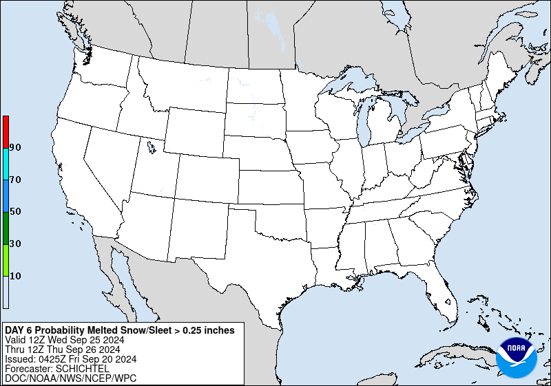 Day 6 probability of at least .25 inch liquid equivalent of snow/sleet.